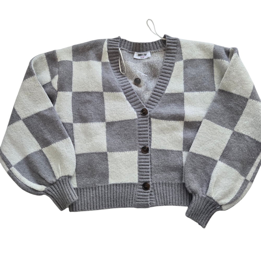 Checkerboard Cropped Cardigan Sweater Gray Cream Oversized Balloon Sleeve NWOT S